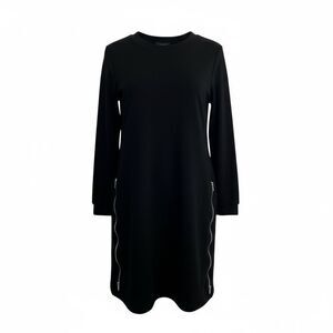Fleece Long Sleeve Side Zip Crew Neck Pullover Sweatshirt Dress Black Size Large
